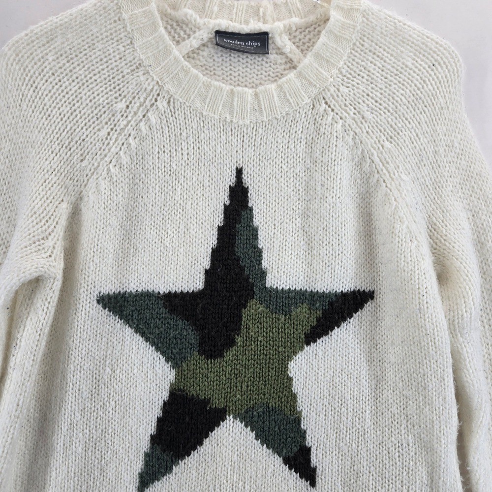 Wooden Ships Camo Star Raglan Crew Sweater Cream Mohair Blend XS S Oversized - Picture 3 of 10